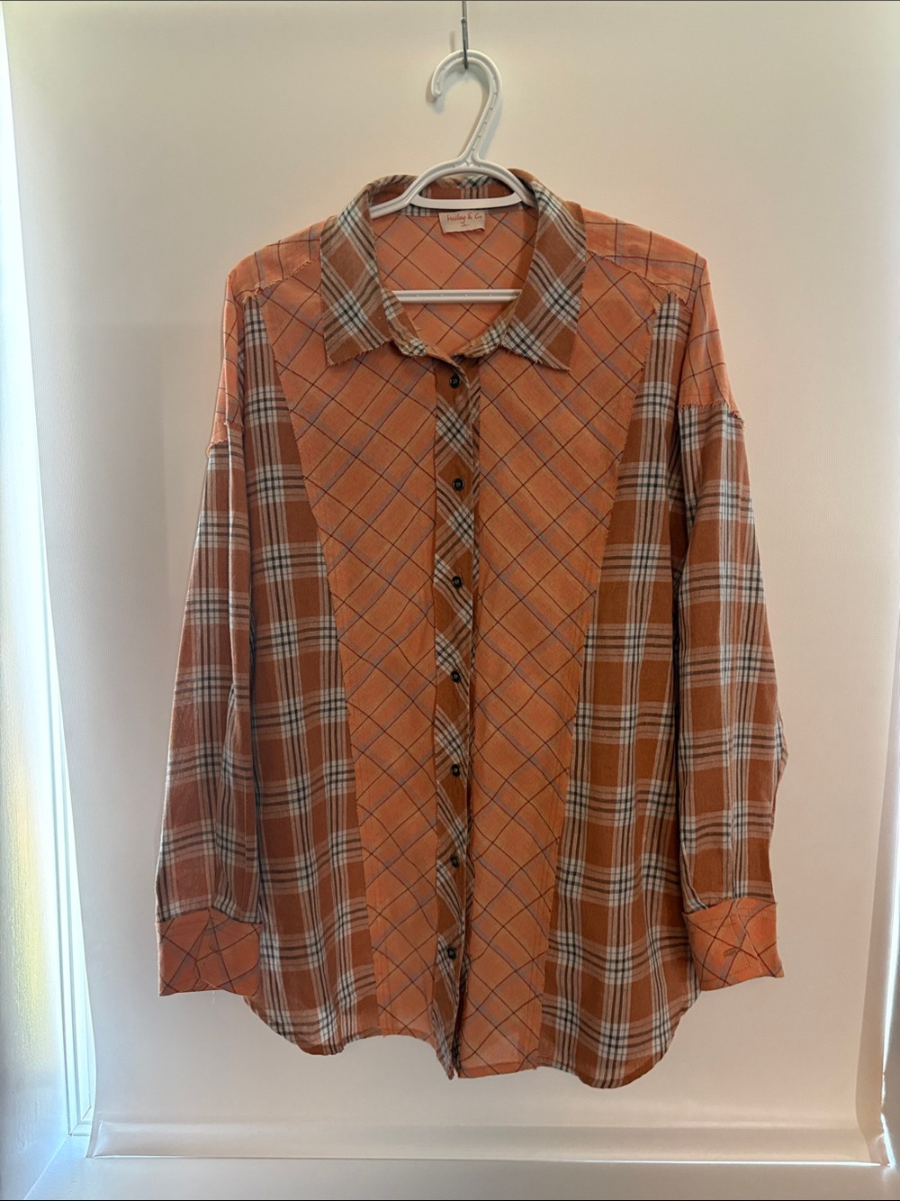 Casual Peach/Coral Plaid Button-Up Shirt